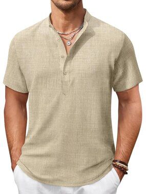 Men's Light Khaki Casual Henley Shirt Short Sleeve Linen Beach Summer Tops